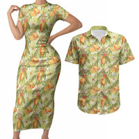 Vintage Hawaii Mango Couples Matching Short Sleeve Bodycon Dress and Hawaiian Shirt Yellow Green Hawaiian Palaka