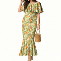 Vintage Hawaii Mango Mermaid Dress Yellow Green Hawaiian Palaka