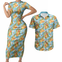 Vintage Hawaii Mango Couples Matching Short Sleeve Bodycon Dress and Hawaiian Shirt Blue Hawaiian Palaka