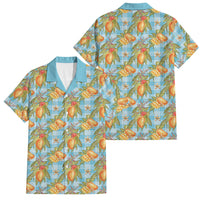 Vintage Hawaii Mango Family Matching Off Shoulder Short Dress and Hawaiian Shirt Blue Hawaiian Palaka