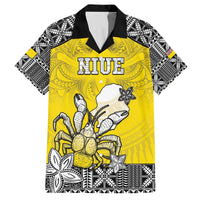 Personalised Happy Niue Constitution Day Family Matching Puletasi and Hawaiian Shirt Niuean Crab Hiapo Pattern Yellow Version