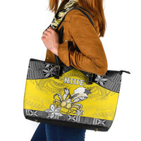 Happy Niue Constitution Day Leather Tote Bag Niuean Crab Hiapo Pattern Yellow Version LT05 Yellow - Polynesian Pride