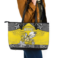Happy Niue Constitution Day Leather Tote Bag Niuean Crab Hiapo Pattern Yellow Version LT05 - Polynesian Pride