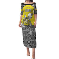Personalised Happy Niue Constitution Day Puletasi Niuean Crab Hiapo Pattern Yellow Version LT05 Long Dress Yellow - Polynesian Pride