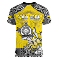 Personalised Happy Niue Constitution Day Women V-Neck T-Shirt Niuean Crab Hiapo Pattern Yellow Version