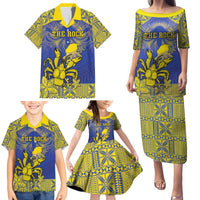 Personalised Niue The Rock Family Matching Puletasi and Hawaiian Shirt Niuean Crab Hiapo Pattern Blue Version