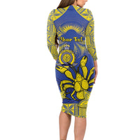 Personalised Niue The Rock Long Sleeve Bodycon Dress Niuean Crab Hiapo Pattern Blue Version