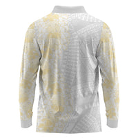 Niue White Sunday Long Sleeve Polo Shirt Niuean Hiapo With Puakenikeni Lei