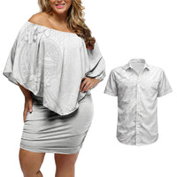 American Samoa White Sunday Couples Matching Off Shoulder Short Dress and Hawaiian Shirt Polynesian Pattern With Tropical Flowers