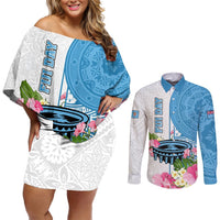 Fiji Day Couples Matching Off Shoulder Short Dress and Long Sleeve Button Shirts Tanoa Hibiscus Fijian Tapa Masi Pattern LT05 White - Polynesian Pride