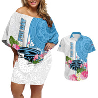 Personalized Fiji Day Couples Matching Off Shoulder Short Dress and Hawaiian Shirt Tanoa Hibiscus Fijian Tapa Masi Pattern LT05 White - Polynesian Pride