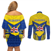 Niue Constitution Day Couples Matching Off Shoulder Short Dress and Long Sleeve Button Shirts Coat Of Arms Niuean Hiapo Pattern LT05 - Polynesian Pride
