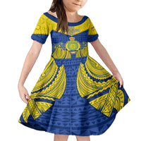 Niue Constitution Day Kid Short Sleeve Dress Coat Of Arms Niuean Hiapo Pattern LT05 KID Yellow - Polynesian Pride