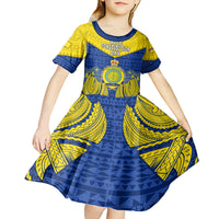 Niue Constitution Day Kid Short Sleeve Dress Coat Of Arms Niuean Hiapo Pattern LT05 - Polynesian Pride