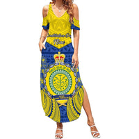 Niue Constitution Day Summer Maxi Dress Coat Of Arms Niuean Hiapo Pattern LT05 Women Yellow - Polynesian Pride