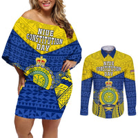 Personalized Niue Constitution Day Couples Matching Off Shoulder Short Dress and Long Sleeve Button Shirts Coat Of Arms Niuean Hiapo Pattern LT05 Yellow - Polynesian Pride