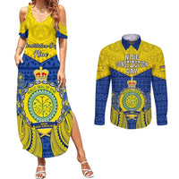 Personalized Niue Constitution Day Couples Matching Summer Maxi Dress and Long Sleeve Button Shirts Coat Of Arms Niuean Hiapo Pattern LT05 Yellow - Polynesian Pride