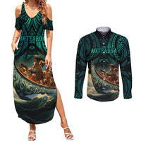 Personalised New Zealand Tamaki Herenga Waka Festival Couples Matching Summer Maxi Dress and Long Sleeve Button Shirt Maori Pattern LT05 Dark Turquoise - Polynesian Pride