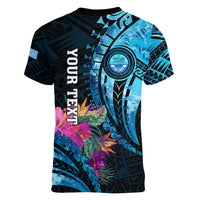 Personalised FSM Culture Day Women V Neck T Shirt Tropical Flowers Tribal Pattern LT05 - Polynesian Pride