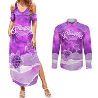 Personalised Pasifika Festival Couples Matching Summer Maxi Dress and Long Sleeve Button Shirt Violet Tropical Turtle LT05 Violet - Polynesian Pride