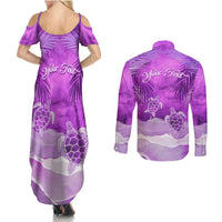 Personalised Pasifika Festival Couples Matching Summer Maxi Dress and Long Sleeve Button Shirt Violet Tropical Turtle LT05 - Polynesian Pride