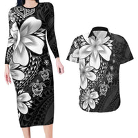 Polynesia Romantic Valentine Couples Matching Long Sleeve Bodycon Dress and Hawaiian Shirt Sea Turtle Couple With Black Plumeria