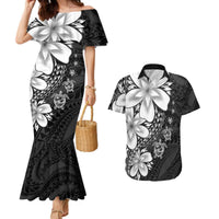 Polynesia Romantic Valentine Couples Matching Mermaid Dress and Hawaiian Shirt Sea Turtle Couple With Black Plumeria