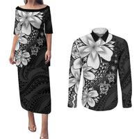 Polynesia Romantic Valentine Couples Matching Puletasi and Long Sleeve Button Shirt Sea Turtle Couple With Black Plumeria LT05 Black - Polynesian Pride