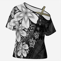 Polynesia Romantic Valentine Cross Shoulder Shirt Sea Turtle Couple With Black Plumeria LT05 Female Black - Polynesian Pride