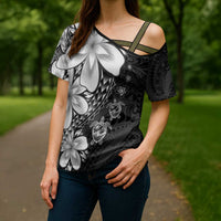 Polynesia Romantic Valentine Cross Shoulder Shirt Sea Turtle Couple With Black Plumeria LT05 - Polynesian Pride