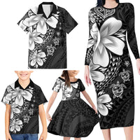 Polynesia Romantic Valentine Family Matching Long Sleeve Bodycon Dress and Hawaiian Shirt Sea Turtle Couple With Black Plumeria