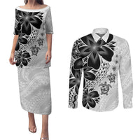 Polynesia Romantic Valentine Couples Matching Puletasi and Long Sleeve Button Shirt Sea Turtle Couple With White Plumeria LT05 White - Polynesian Pride