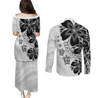 Polynesia Romantic Valentine Couples Matching Puletasi and Long Sleeve Button Shirt Sea Turtle Couple With White Plumeria LT05 - Polynesian Pride
