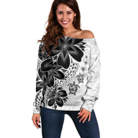 Polynesia Romantic Valentine Off Shoulder Sweater Sea Turtle Couple With White Plumeria LT05 Women White - Polynesian Pride