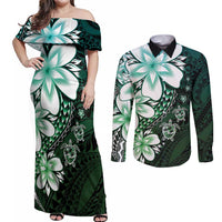 Polynesia Romantic Valentine Couples Matching Off Shoulder Maxi Dress and Long Sleeve Button Shirt Sea Turtle Couple With Aqua Gradient Plumeria LT05 Aqua - Polynesian Pride