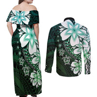 Polynesia Romantic Valentine Couples Matching Off Shoulder Maxi Dress and Long Sleeve Button Shirt Sea Turtle Couple With Aqua Gradient Plumeria LT05 - Polynesian Pride