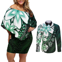 Polynesia Romantic Valentine Couples Matching Off Shoulder Short Dress and Long Sleeve Button Shirt Sea Turtle Couple With Aqua Gradient Plumeria LT05 Aqua - Polynesian Pride