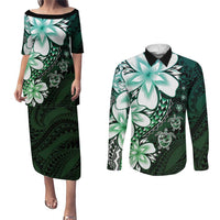 Polynesia Romantic Valentine Couples Matching Puletasi and Long Sleeve Button Shirt Sea Turtle Couple With Aqua Gradient Plumeria LT05 Aqua - Polynesian Pride