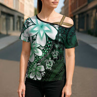 Polynesia Romantic Valentine Cross Shoulder Shirt Sea Turtle Couple With Aqua Gradient Plumeria LT05 - Polynesian Pride