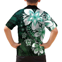 Polynesia Romantic Valentine Family Matching Short Sleeve Bodycon Dress and Hawaiian Shirt Sea Turtle Couple With Aqua Gradient Plumeria