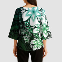 Polynesia Romantic Valentine Kimono Sleeve Blouse Sea Turtle Couple With Aqua Gradient Plumeria LT05 - Polynesian Pride