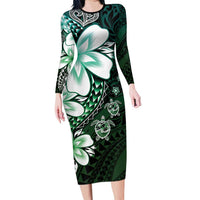 Polynesia Romantic Valentine Long Sleeve Bodycon Dress Sea Turtle Couple With Aqua Gradient Plumeria LT05 Long Dress Aqua - Polynesian Pride