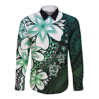 Polynesia Romantic Valentine Long Sleeve Button Shirt Sea Turtle Couple With Aqua Gradient Plumeria LT05 Unisex Aqua - Polynesian Pride