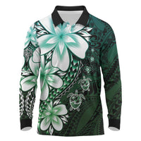 Polynesia Romantic Valentine Long Sleeve Polo Shirt Sea Turtle Couple With Aqua Gradient Plumeria LT05 Aqua - Polynesian Pride