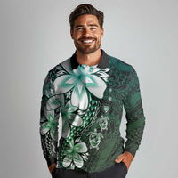 Polynesia Romantic Valentine Long Sleeve Polo Shirt Sea Turtle Couple With Aqua Gradient Plumeria LT05 - Polynesian Pride