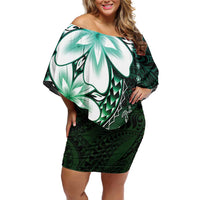 Polynesia Romantic Valentine Off Shoulder Short Dress Sea Turtle Couple With Aqua Gradient Plumeria
