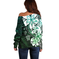 Polynesia Romantic Valentine Off Shoulder Sweater Sea Turtle Couple With Aqua Gradient Plumeria LT05 - Polynesian Pride
