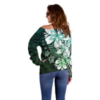 Polynesia Romantic Valentine Off Shoulder Sweater Sea Turtle Couple With Aqua Gradient Plumeria LT05 - Polynesian Pride
