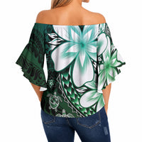 Polynesia Romantic Valentine Off Shoulder Wrap Waist Top Sea Turtle Couple With Aqua Gradient Plumeria LT05 - Polynesian Pride