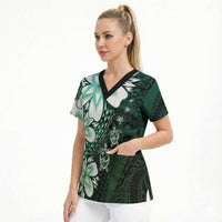 Polynesia Romantic Valentine Scrub Top Sea Turtle Couple With Aqua Gradient Plumeria LT05 - Polynesian Pride